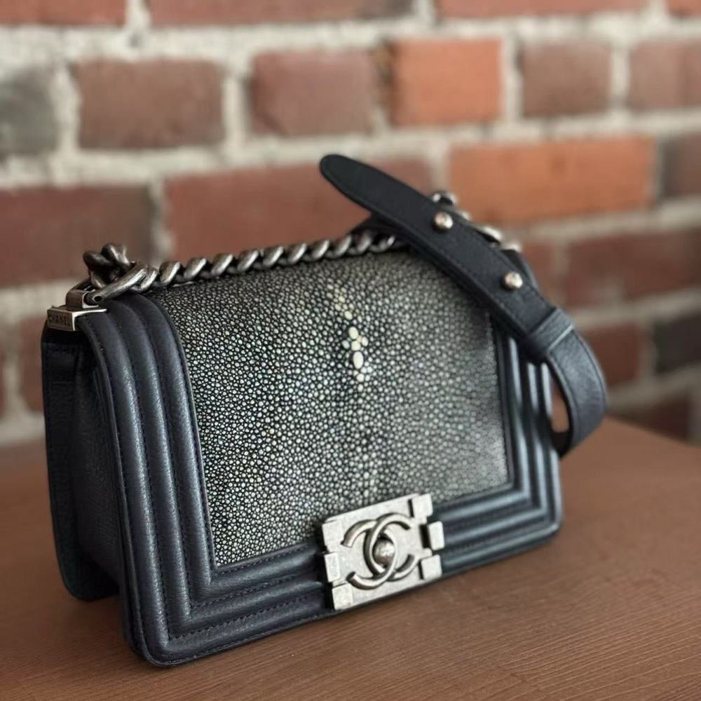 Chanel small boy bag stingray& ruthenium finish metal